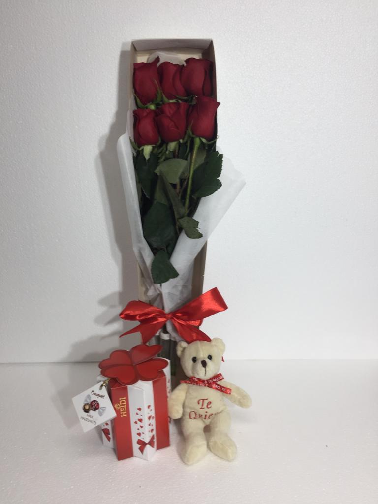 Caja con 6 Rosas ms Bombones Heidi Bouquet de 140 Grs y Peluchito 10 cm